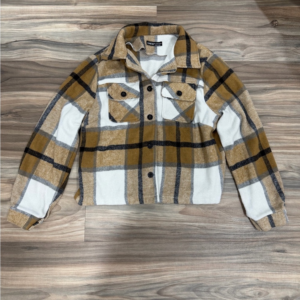 SHEIN Tan and Gray Plaid Shirt